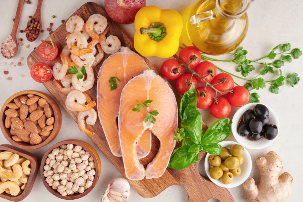 Olive oil, walnuts, seeds, and salmon rich in heart healthy fats to protect arteries