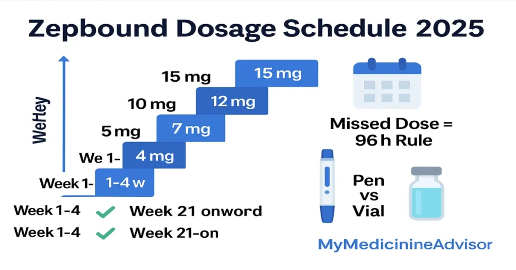 Zepbound dosage schedule 2025 chart showing week-by-week titration from 2.5 mg to 15 mg with missed-dose 96 hour rule and pen vs vial guide.